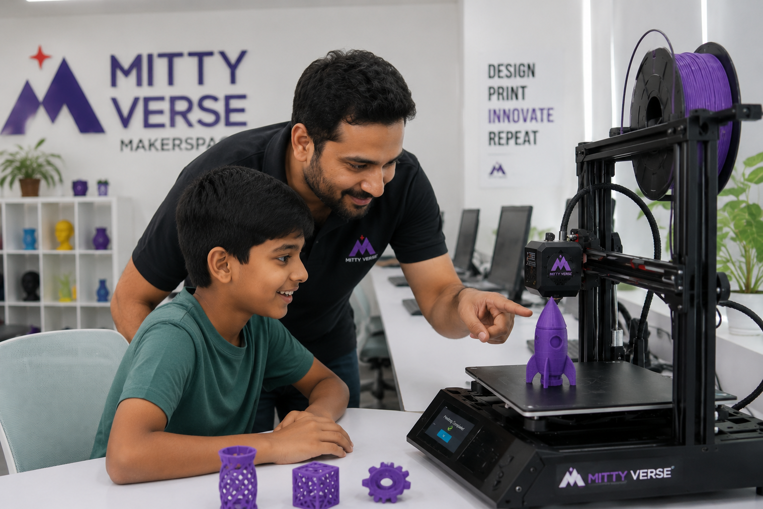 Adult and child learning 3D printing together at MittyVerse STEAM centre Gurugram