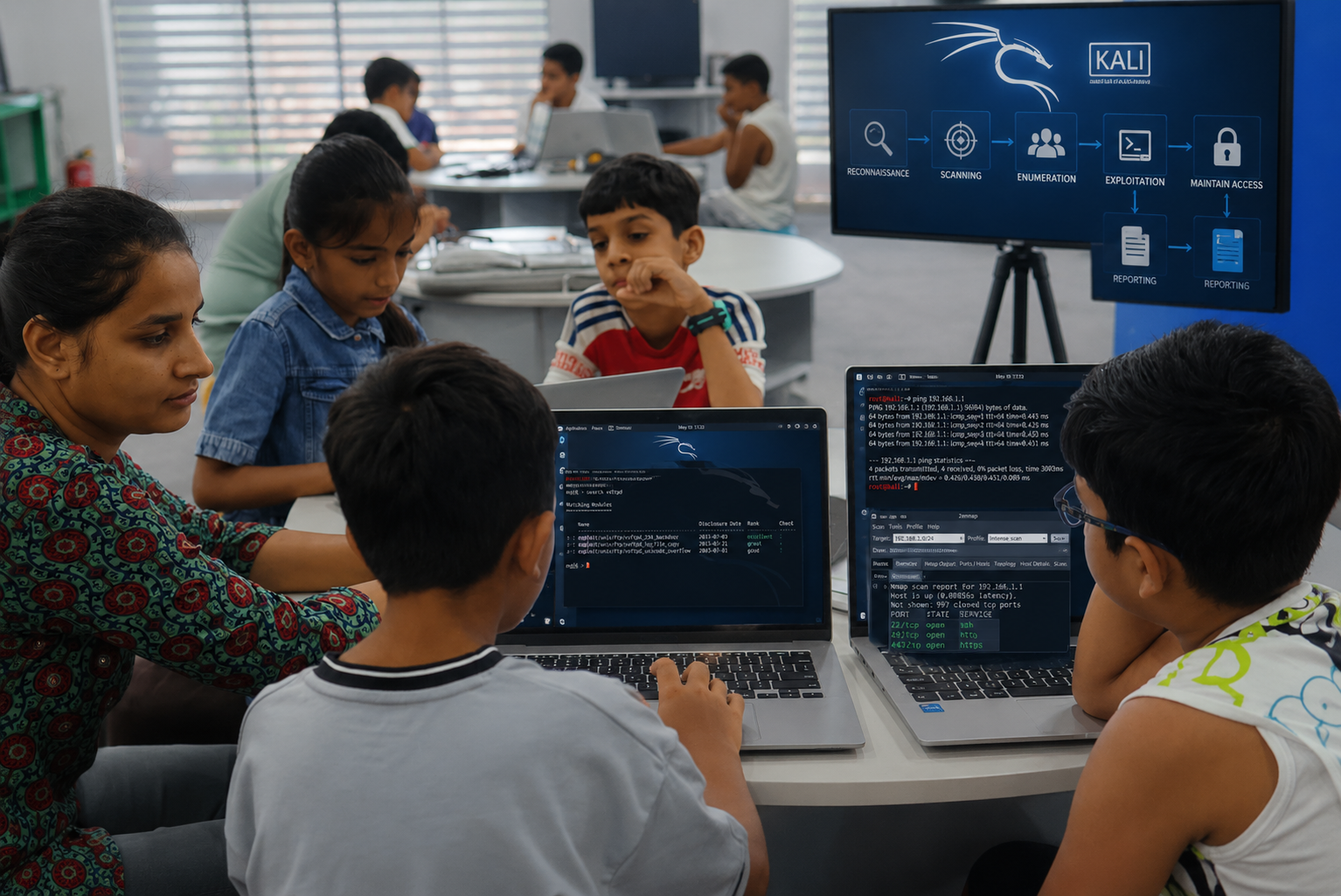 Student practicing ethical hacking concepts using Kali Linux at MittyVerse Gurugram